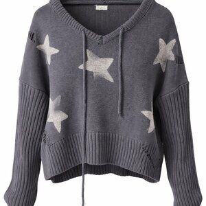 POL Star Distressed Knit Hoodie Sweater Gray Size S Boho Cozy Lounge Pullover